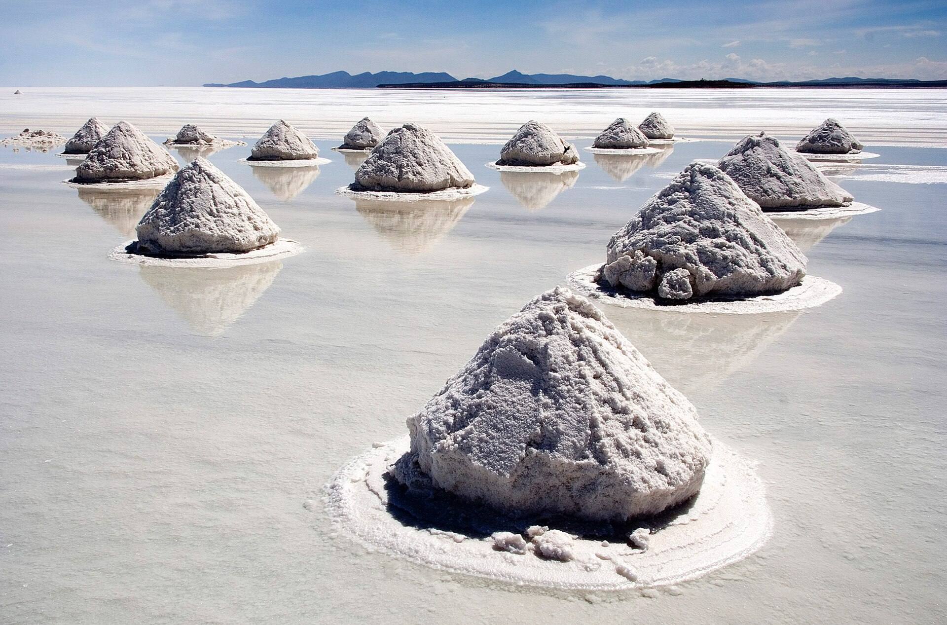 Piles of harvested salt on the Salar de Uyuni.