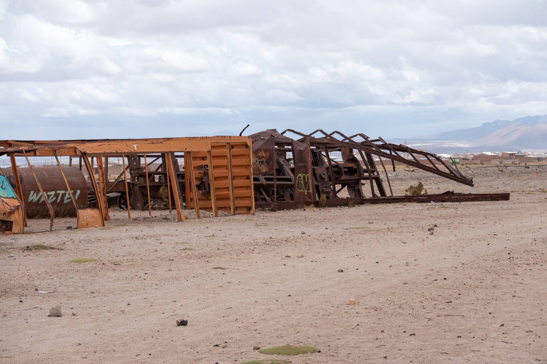 Rusted railway carriages at the Uyuni Train Cemetery.